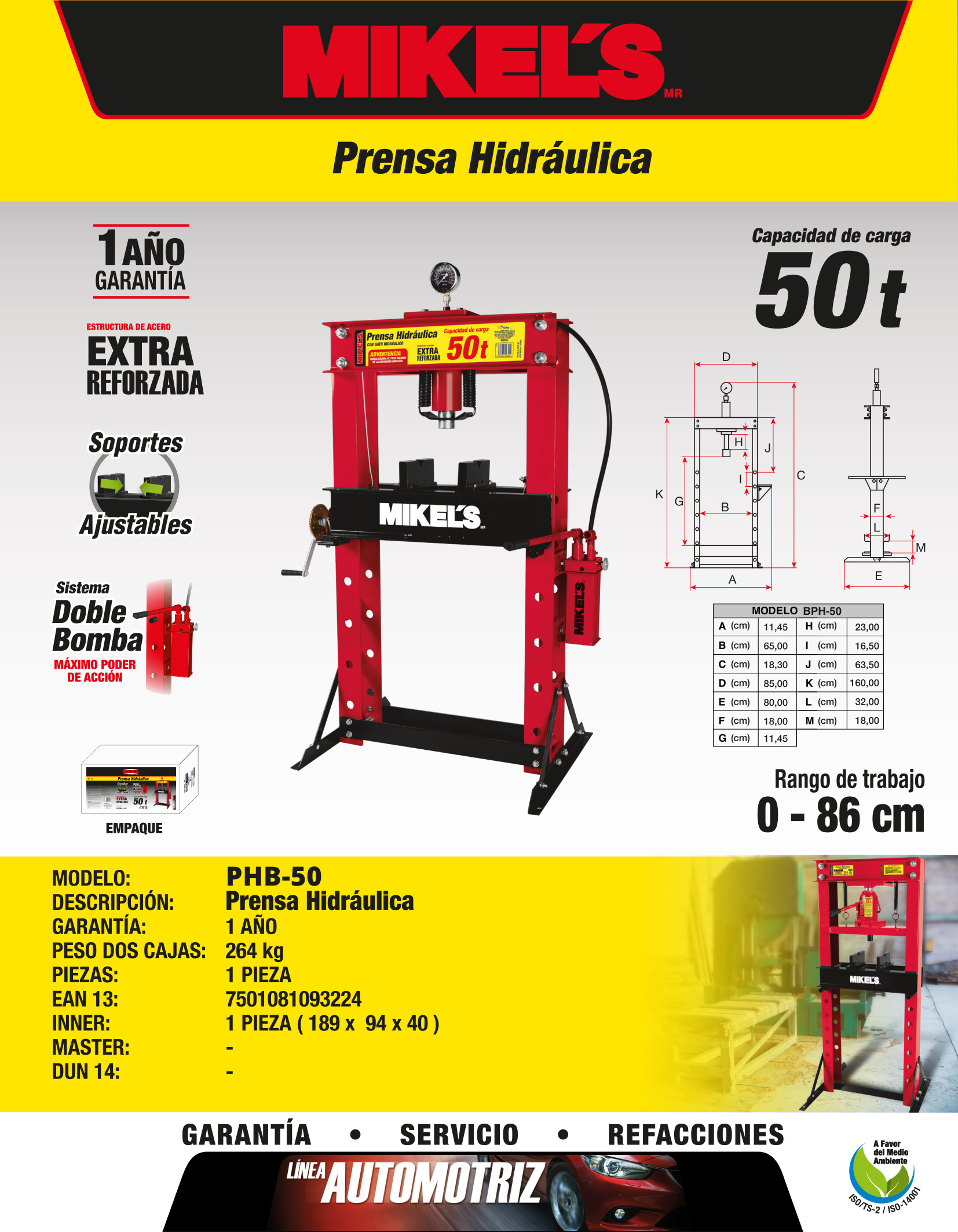 MIKELS PHB-50 Prensa hidráulica con pistón y manómetro (50 ton) - Imagen 2