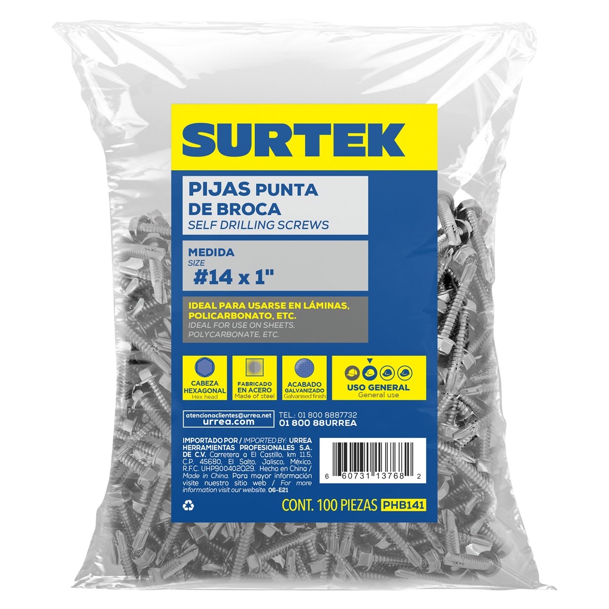 Pija cabeza hexagonal con punta de broca 1" x #14, 100 piezas Surtek - Imagen 2