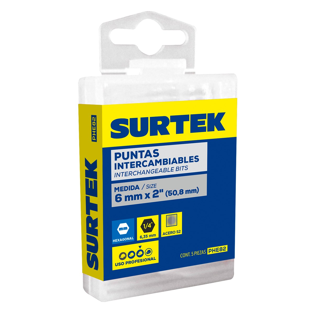 Punta hexagonal de poder métrica hexágono de 1/4", 8 mm x 2" 5 piezas Surtek - Imagen 2