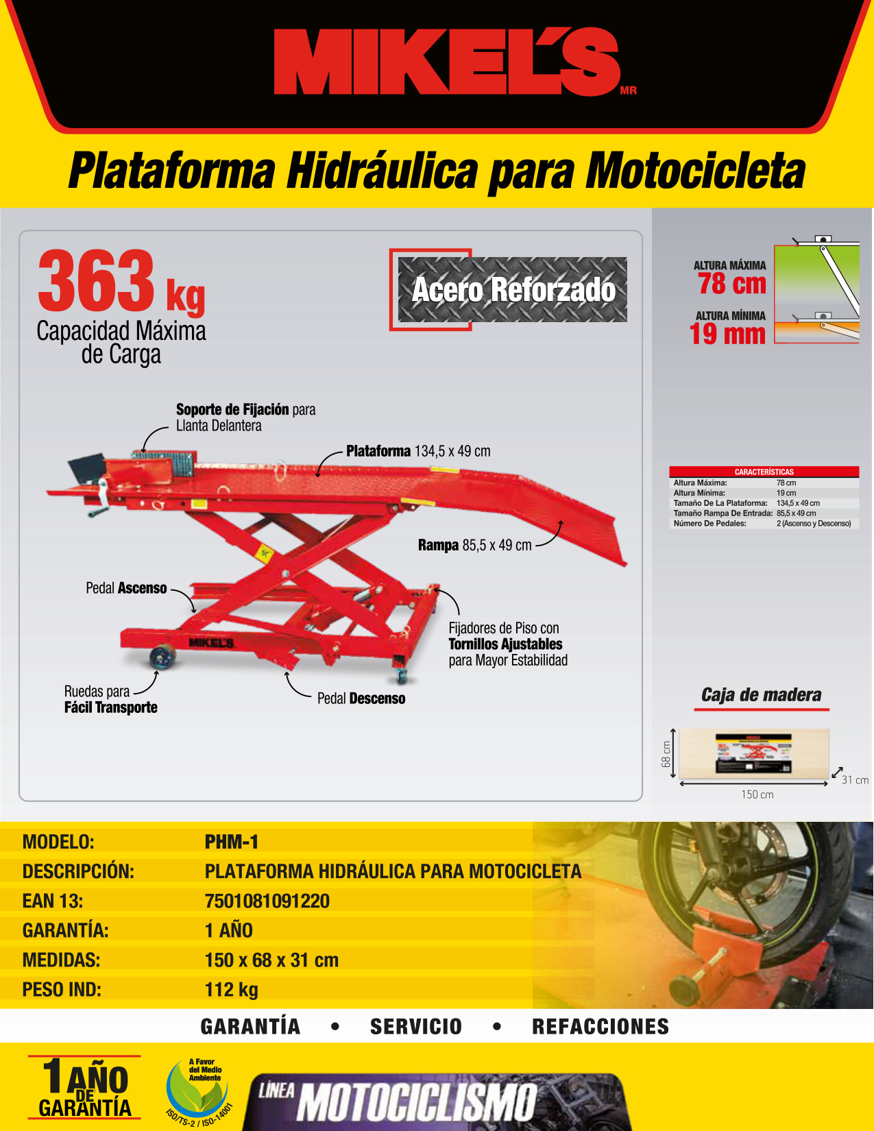 MIKELS PHM-1 Plataforma hidráulica para motocicleta (350 kgs) - Imagen 4
