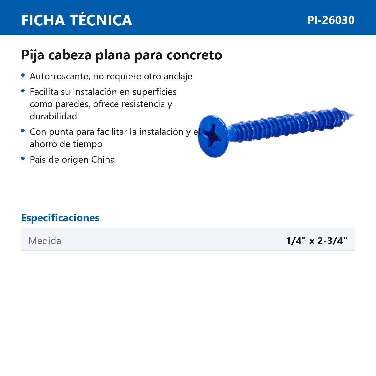 PIJA CABEZA PLANA PARA CONCRETO 1/4"x2-3/4" (Precio x Caja - caja c/200 piezas) - Imagen 2