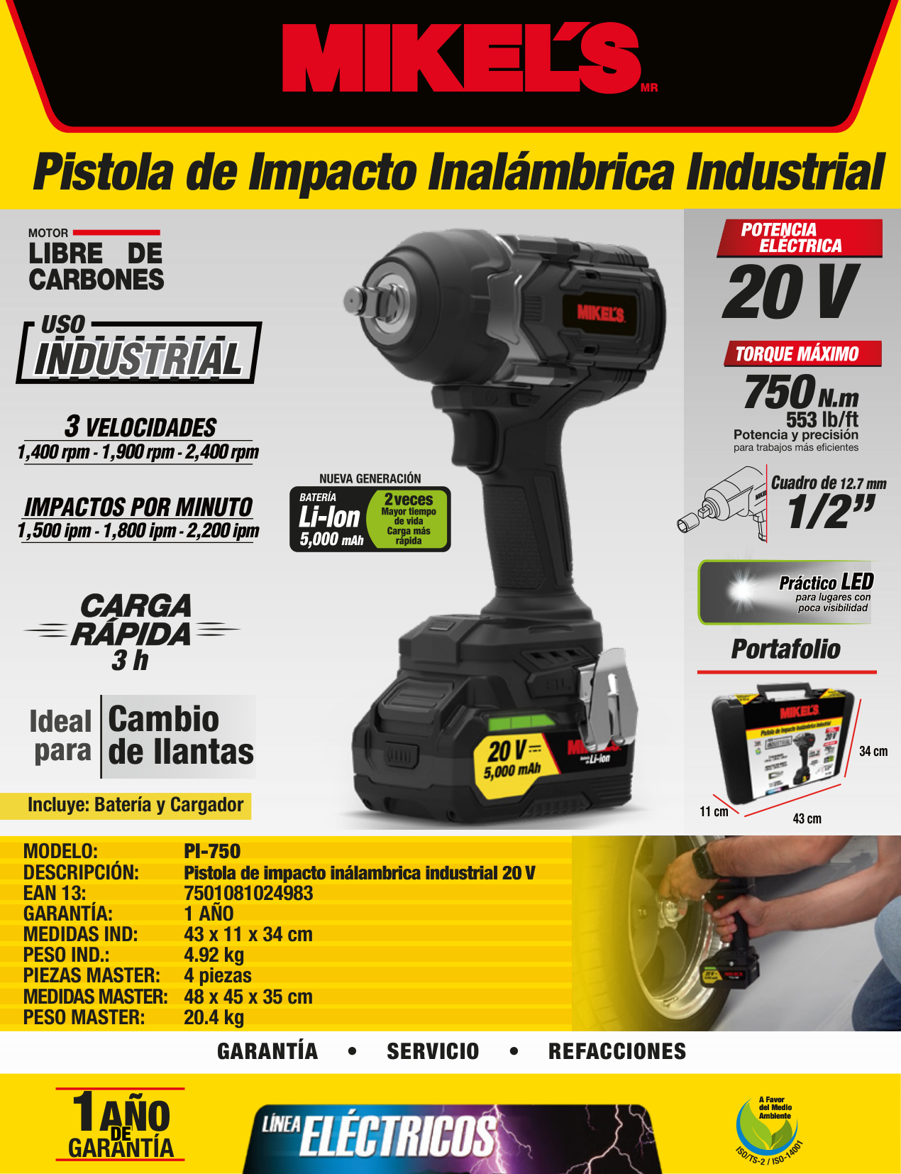 MIKELS PI-750 Pistola de impacto industrial (20 v) - Imagen 4