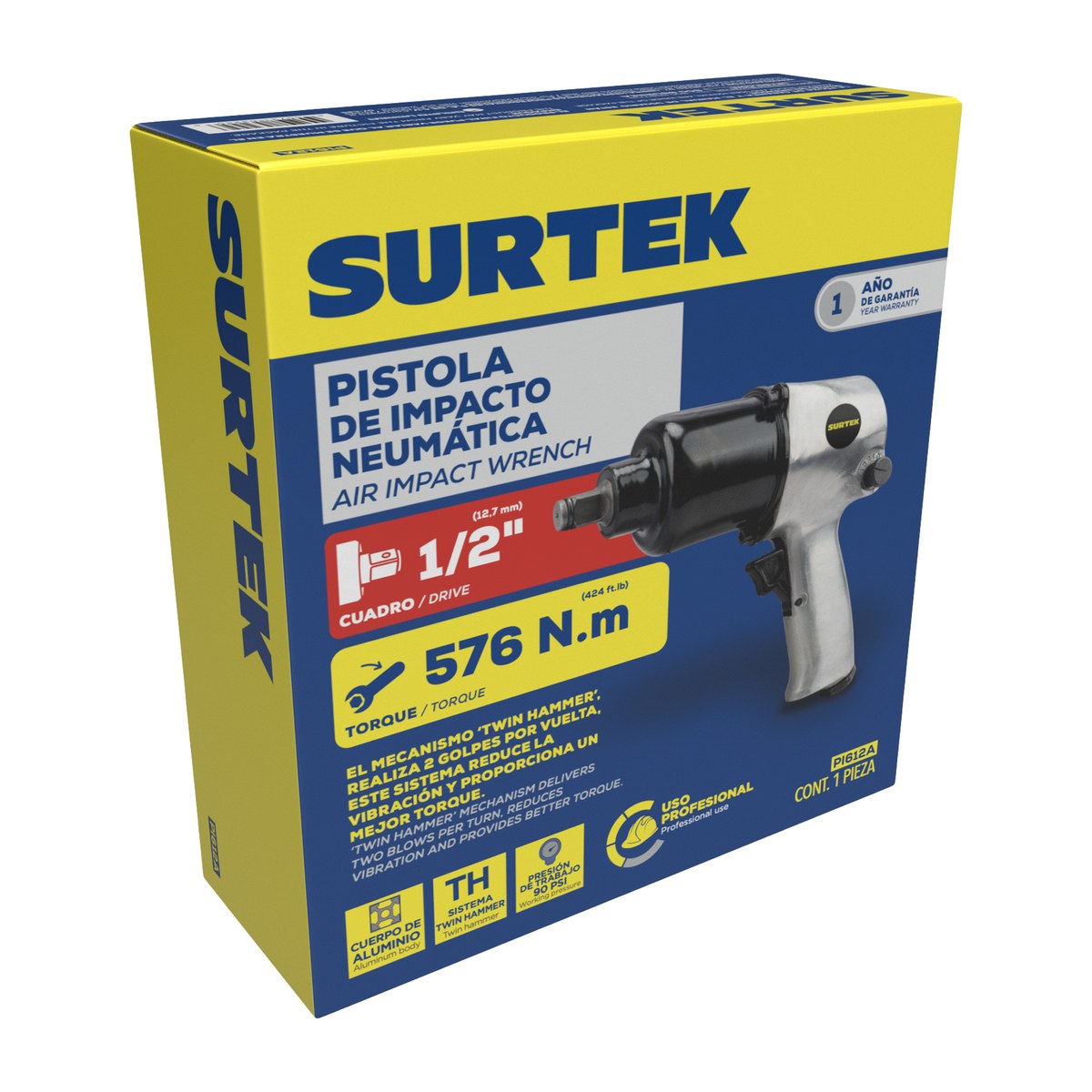 Pistola de impacto neumática cuadro de 1/2" 425 Ft-lb sistema twin hammer Surtek - Imagen 2