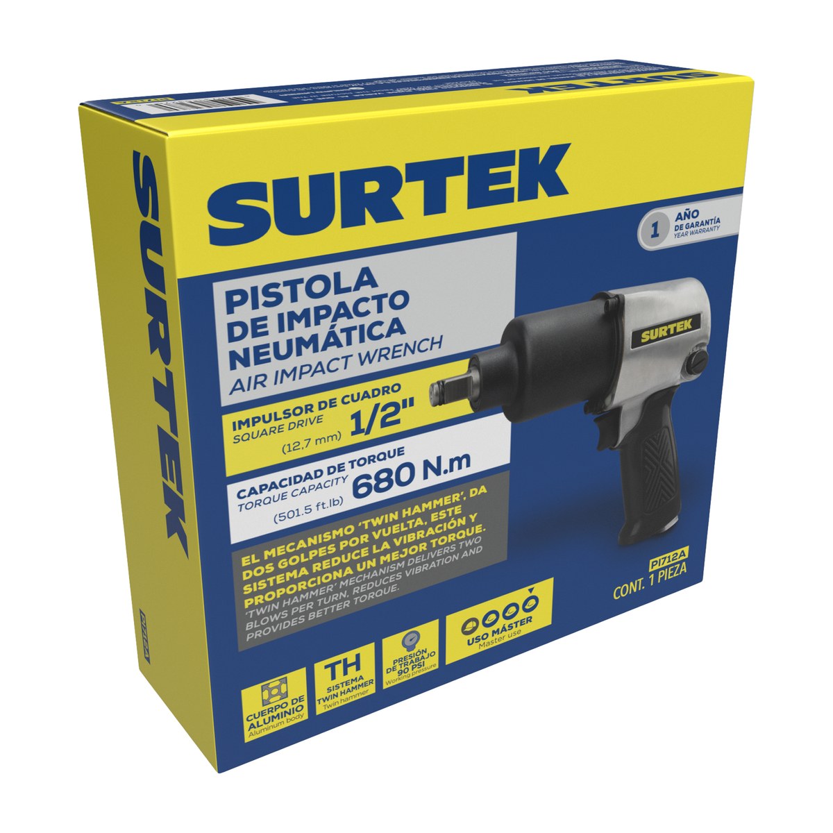 Pistola de impacto neumática cuadro de 1/2" 500 Ft-lb sistema twin hammer Surtek - Imagen 2