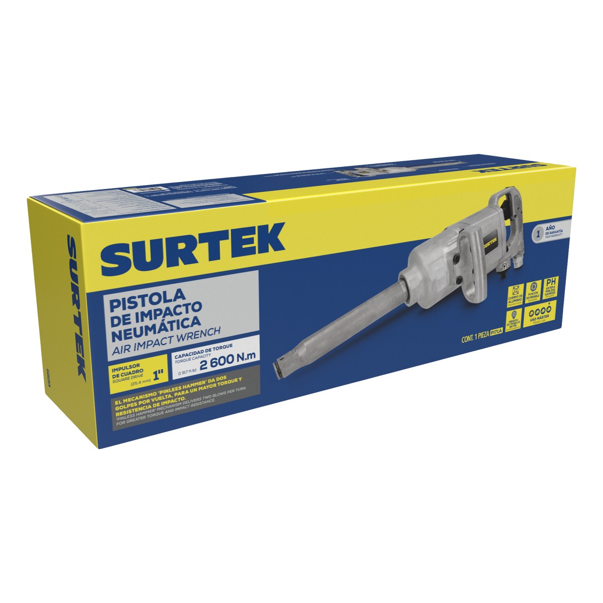 Pistola de impacto neumática cuadro de 1" 1,920 Ft-lb con extensión 9" sistema twin hammer Surtek - Imagen 2