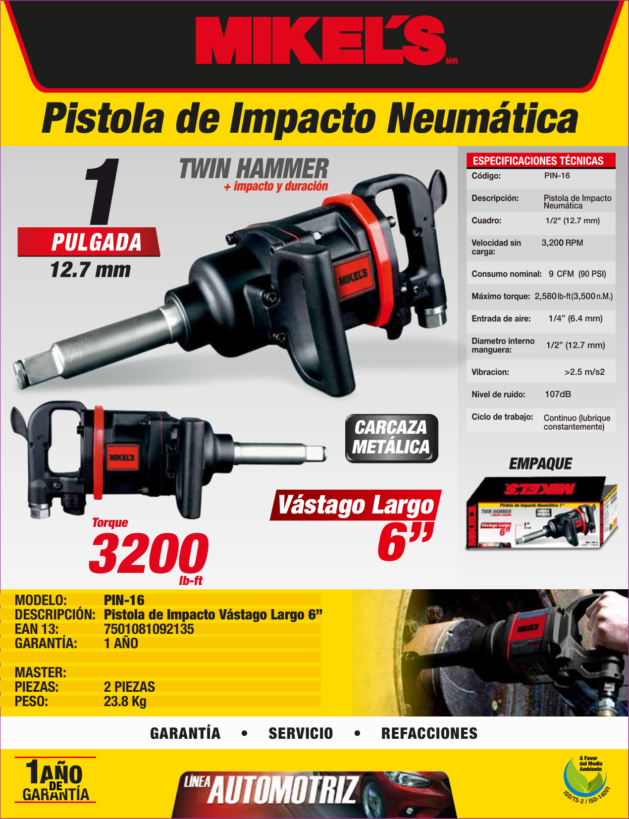 MIKELS PIN-16 Pistola de impacto neumática (1”,2500 lb/ft) vástago largo 6” - Imagen 4
