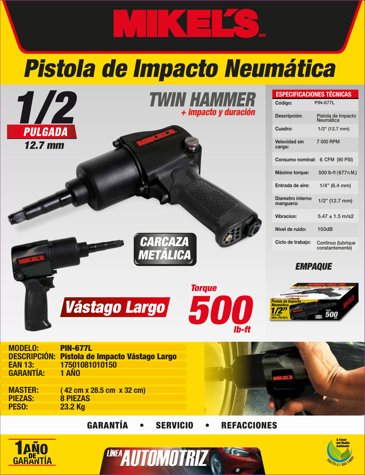MIKELS PIN-677L Pistola de impacto neumática vástago largo  (1/2”, 500 lb/ft) - Imagen 2