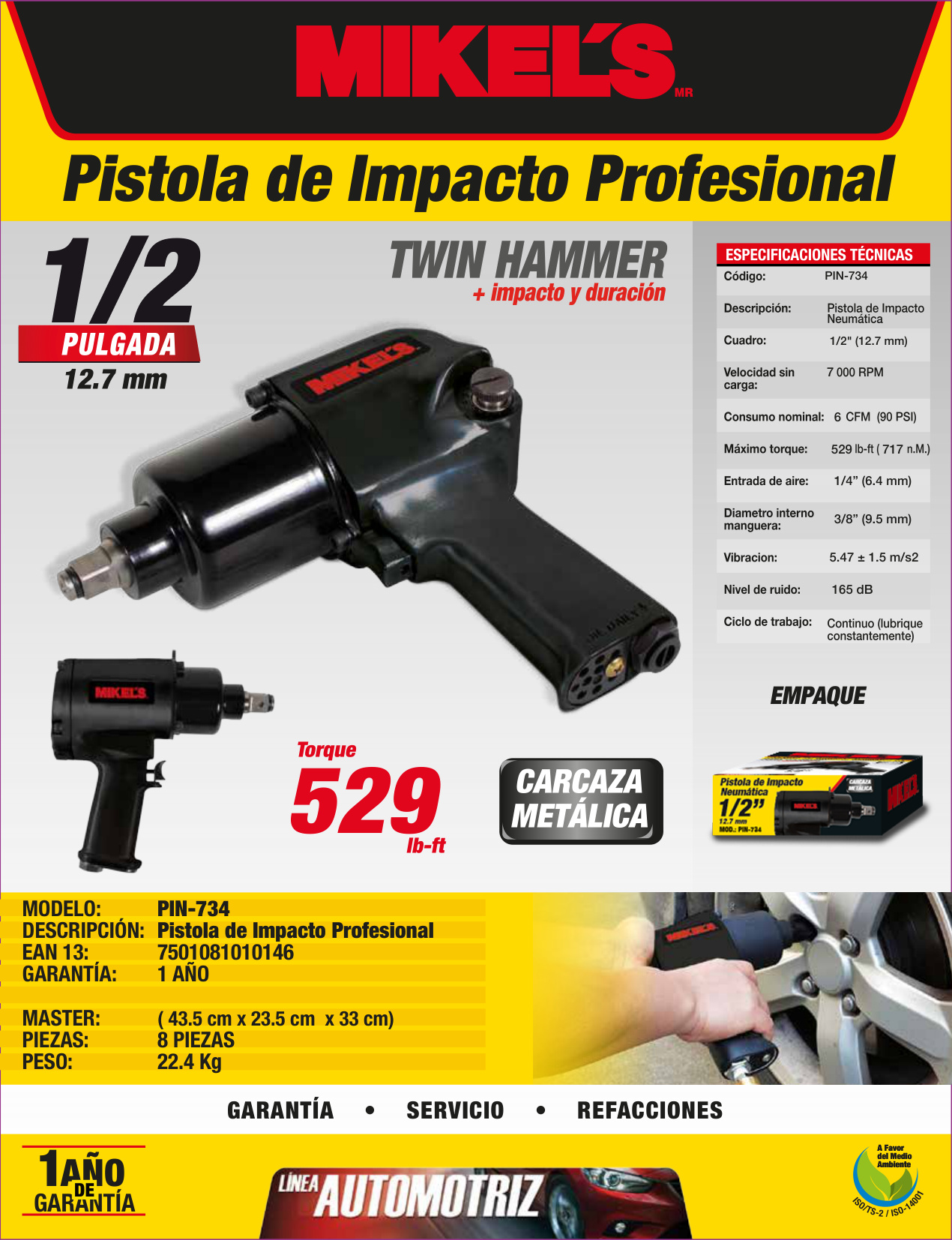 MIKELS PIN-734 Pistola de impacto neumática (1/2”, 529 lb/ft) - Imagen 2