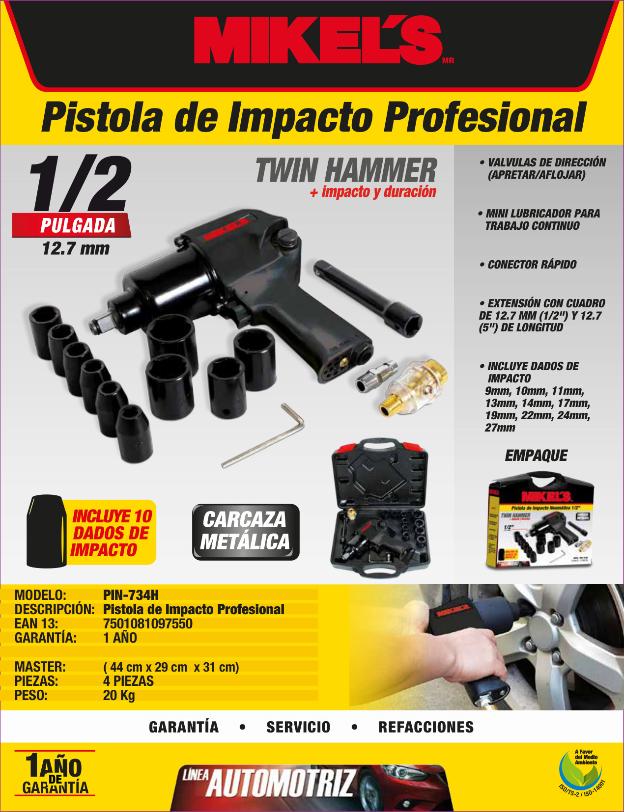 MIKELS PIN-734H Pistola de impacto neumática (1/2”, 529 lb/ft) con kit de 10 dados