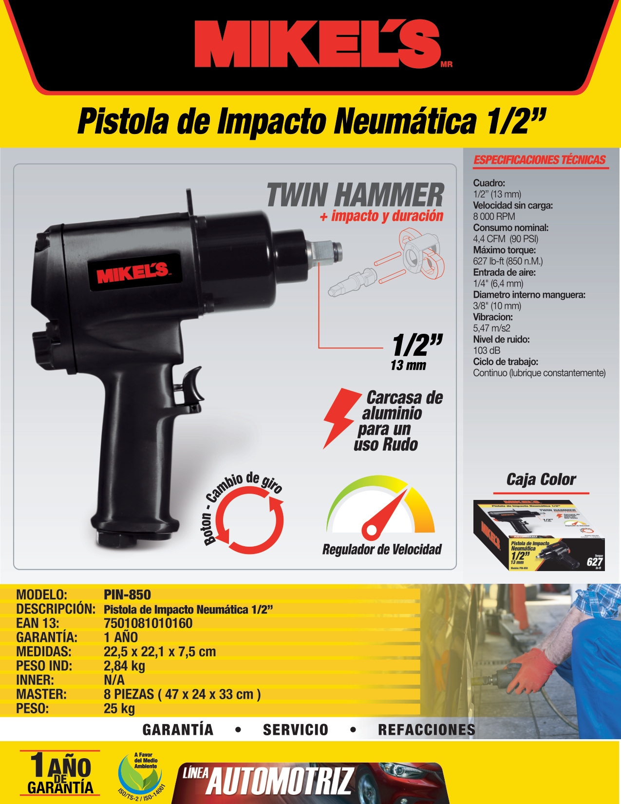 MIKELS PIN-850 Pistola de impacto neumática industrial (1/2”, 625 lb/ft) - Imagen 2