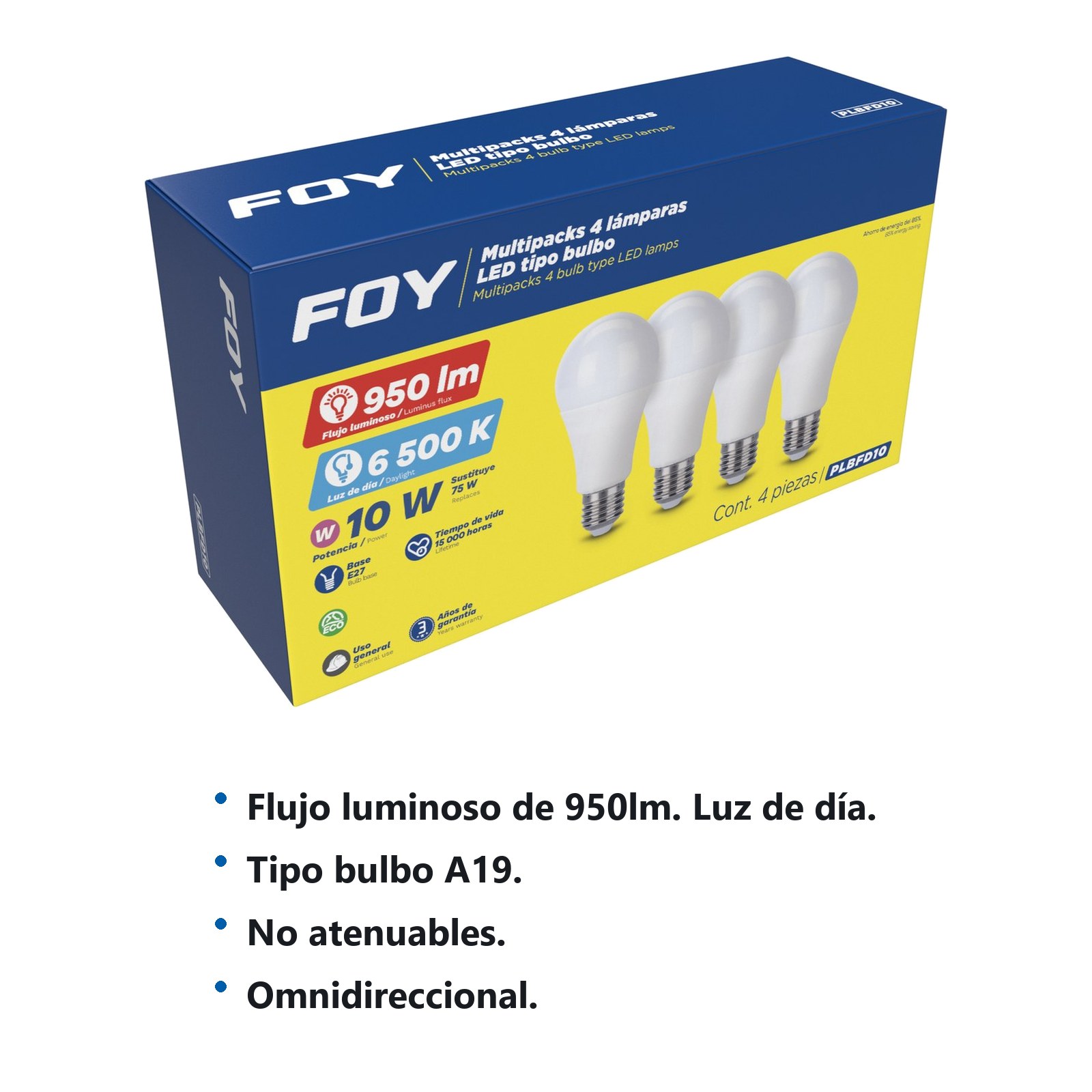 Paquete de 4 lámparas de LED tipo bulbo A19, 10 W luz de día Foy - Imagen 2