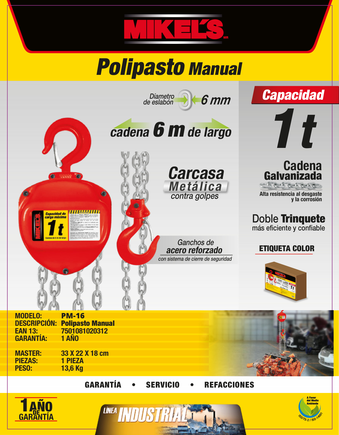 MIKELS PM-16 Polipasto manual (1 ton, cadena 6 mts) - Imagen 2