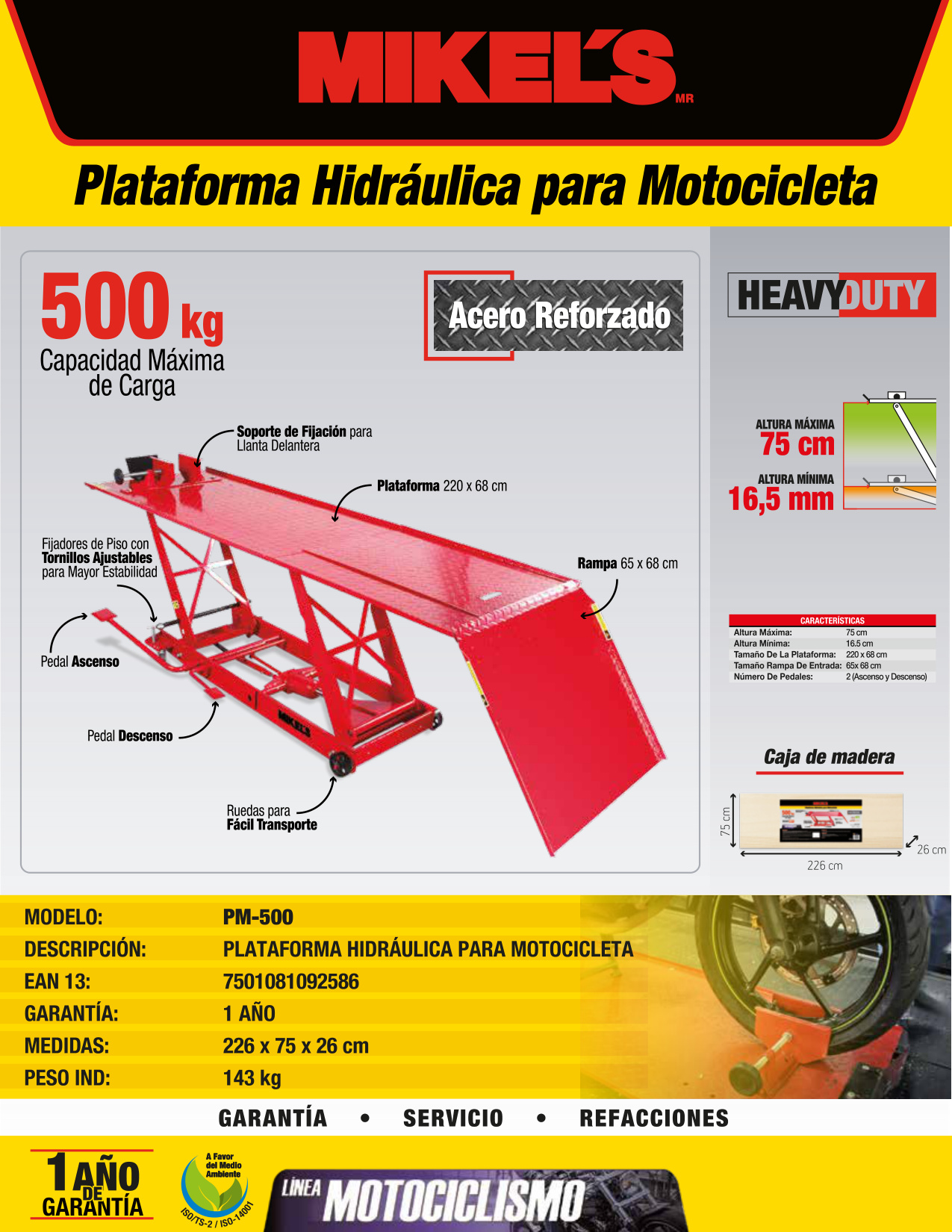 MIKELS PM-500 Plataforma hidráulica para motocicleta Heavy Duty (500 kgs) - Imagen 4