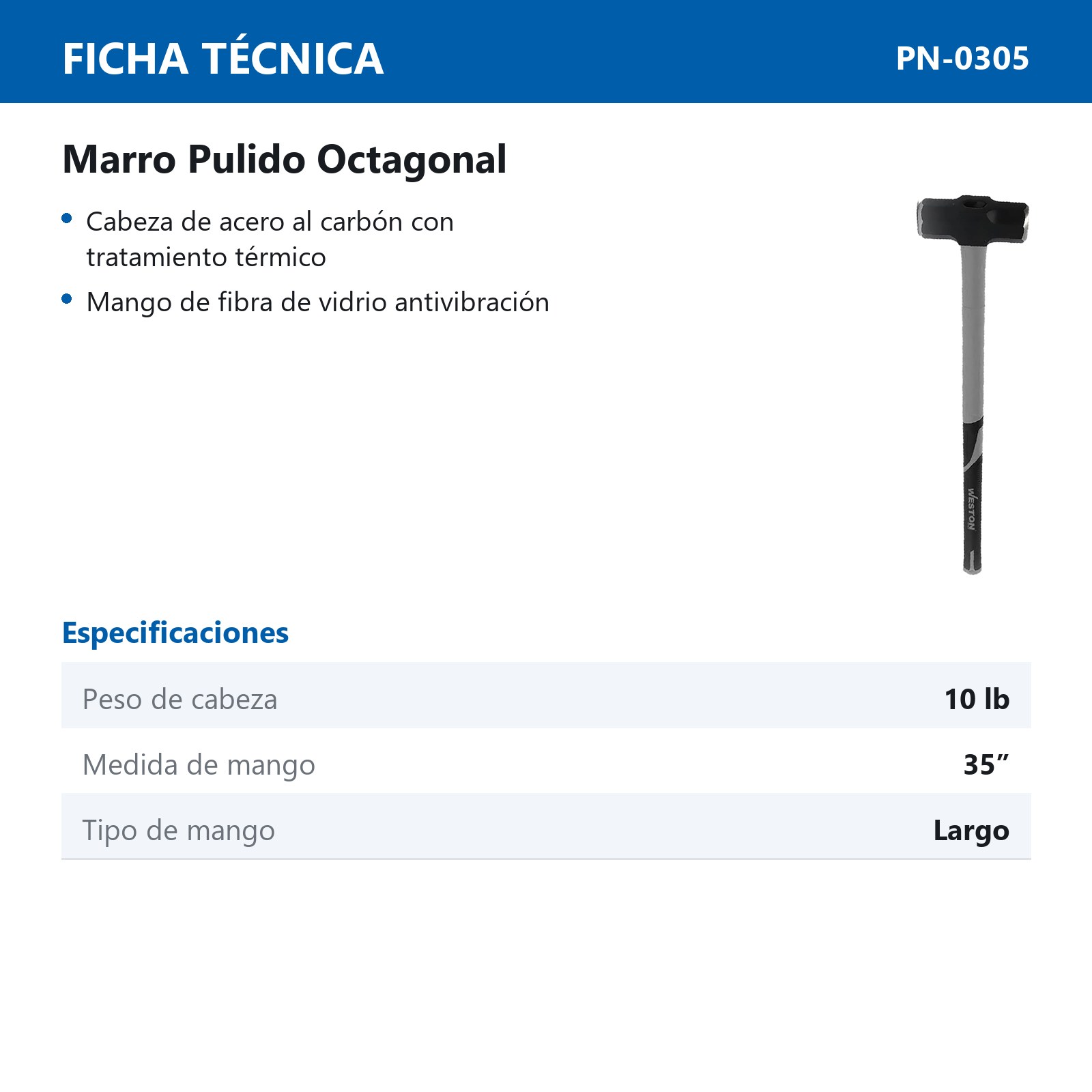 MARRO OCTAGONAL PULIDO 10 LB MANGO 35" DE FIBRA DE VIDRIO LARGO - Imagen 2