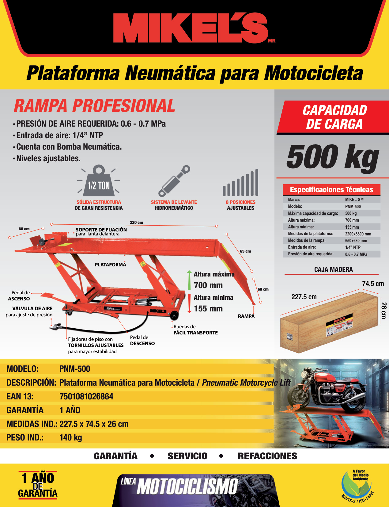 MIKELS PNM-500 Plataforma neumática para motocicleta (500 kgs) - Imagen 2