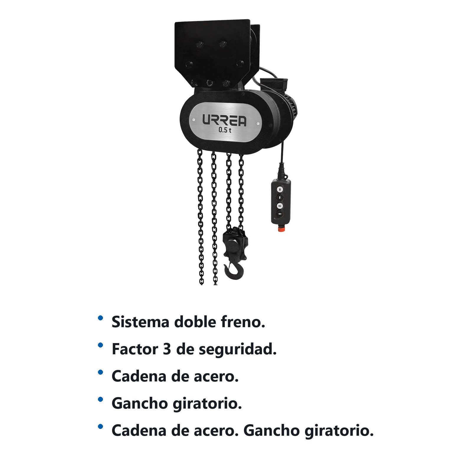 Polipasto eléctrico con sistema de doble freno 2 ramales, 3 ton, cadena 13 m Urrea - Imagen 2