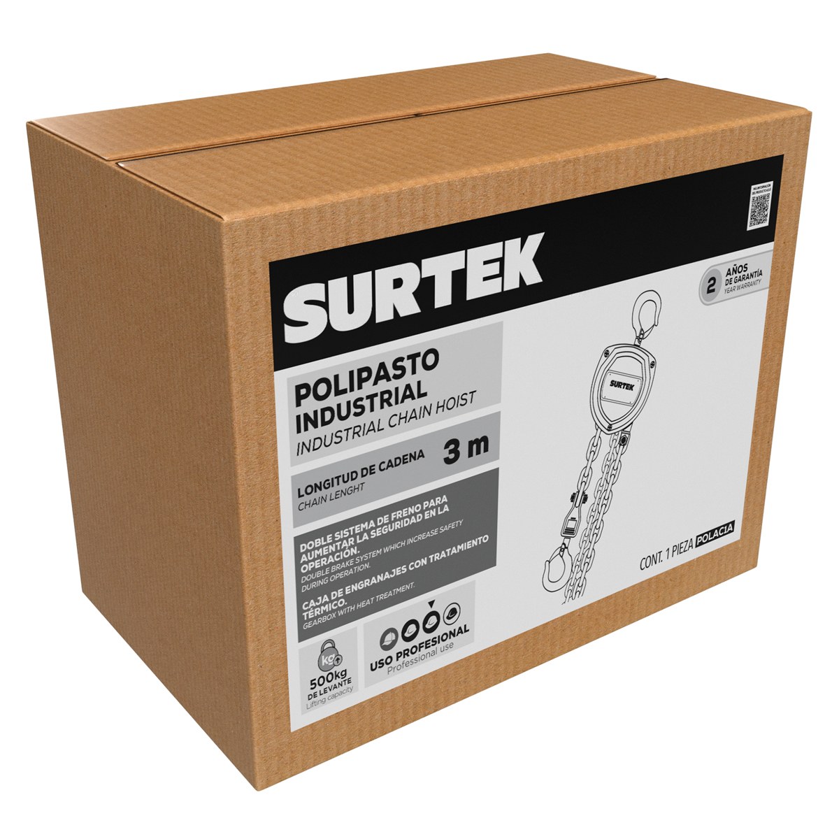 Polipasto manual 1 ramal, 0.5 ton, cadena 3 m Surtek - Imagen 2