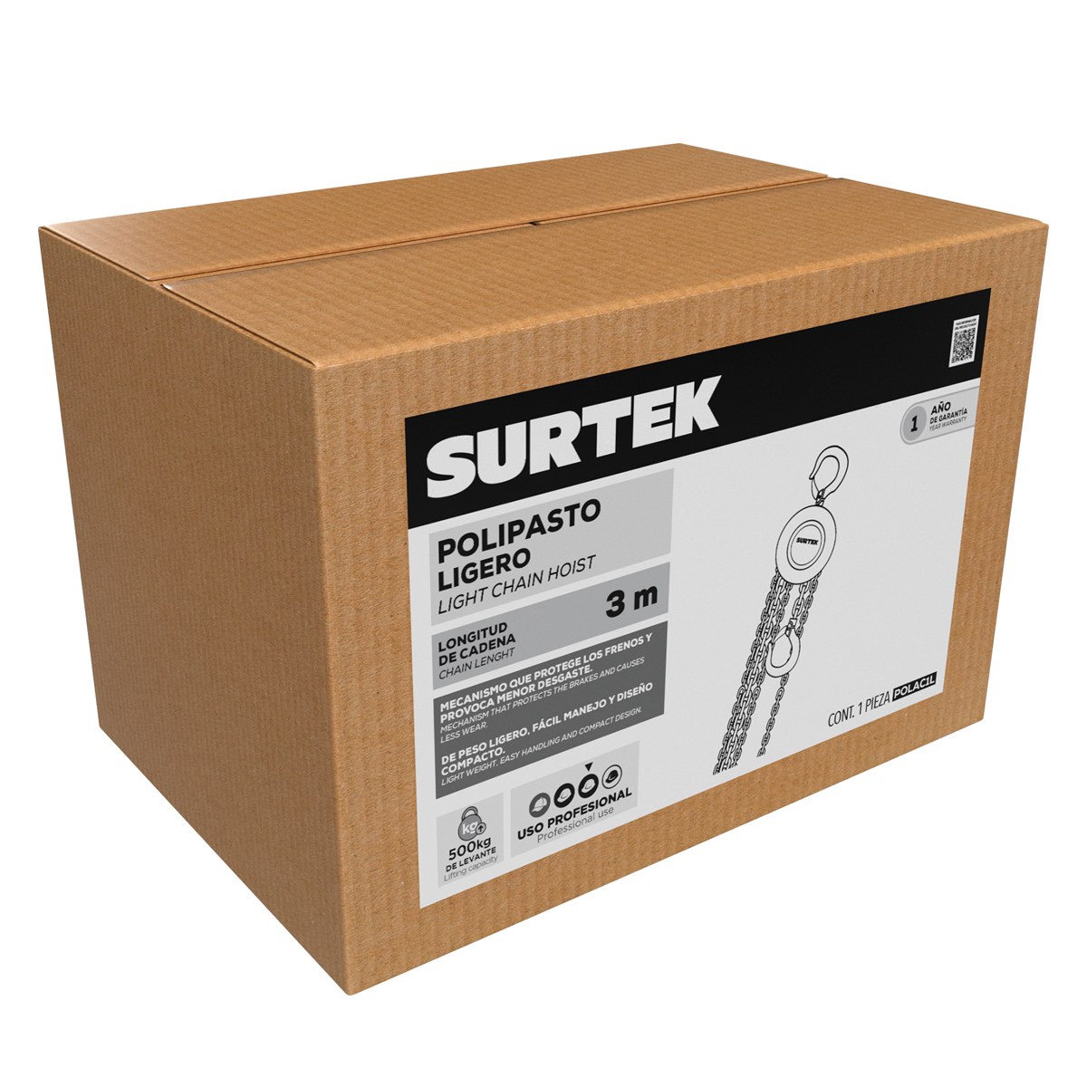 Polipasto manual 1 ramal, 0.5 ton, cadena 2.5 m Surtek - Imagen 2