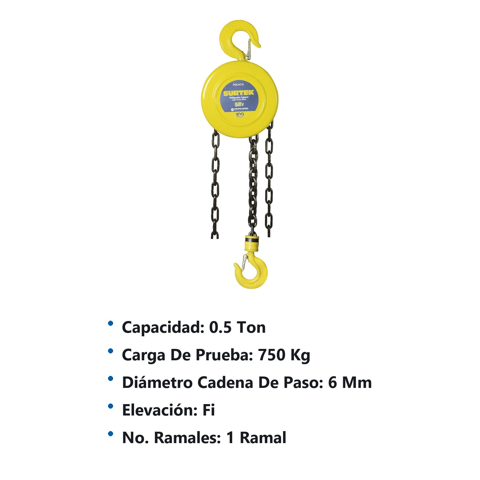 Polipasto manual 1 ramal, 0.5 ton, cadena 2.5 m Surtek - Imagen 3