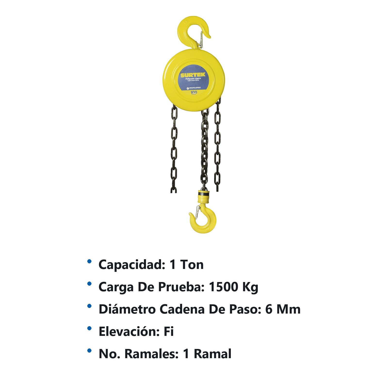 Polipasto manual 1 ramal, 1 ton, cadena 2.5 m Surtek - Imagen 2