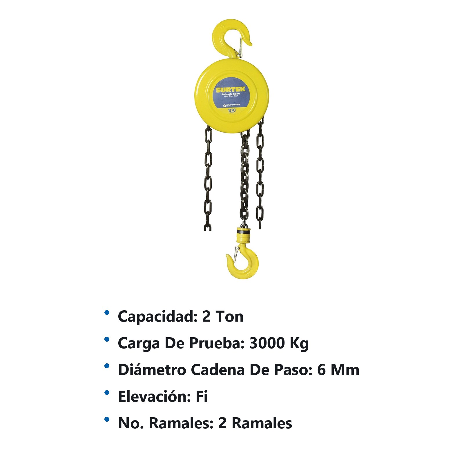 Polipasto manual 2 ramales, 2 ton, cadena 2.5 m Surtek - Imagen 2