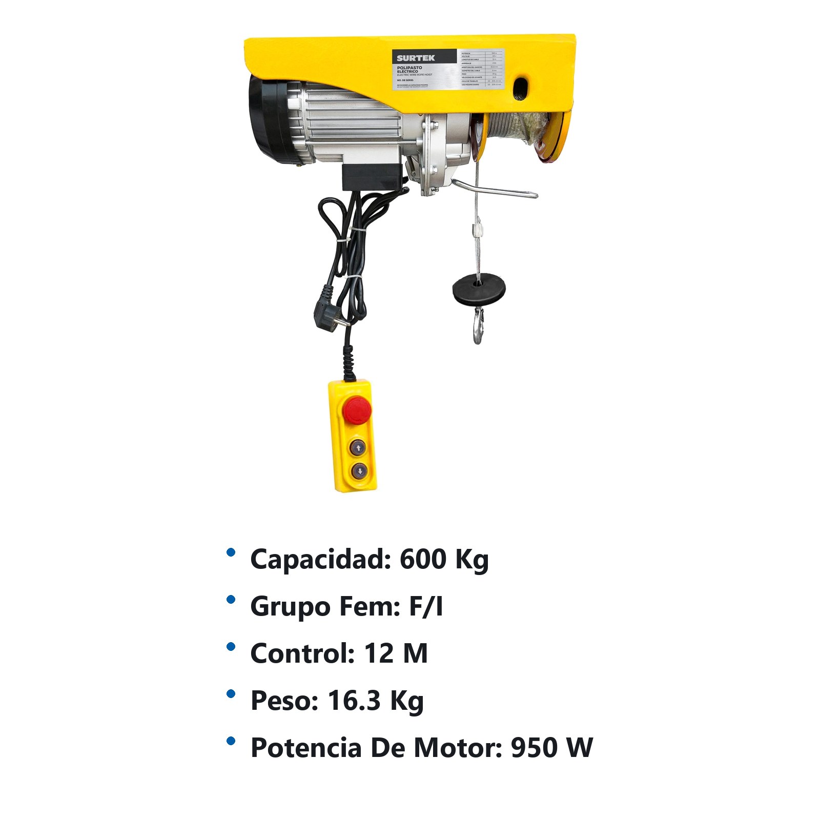 Polipasto eléctrico 1 ramal,  0.6 ton, cable 12 m Surtek - Imagen 2