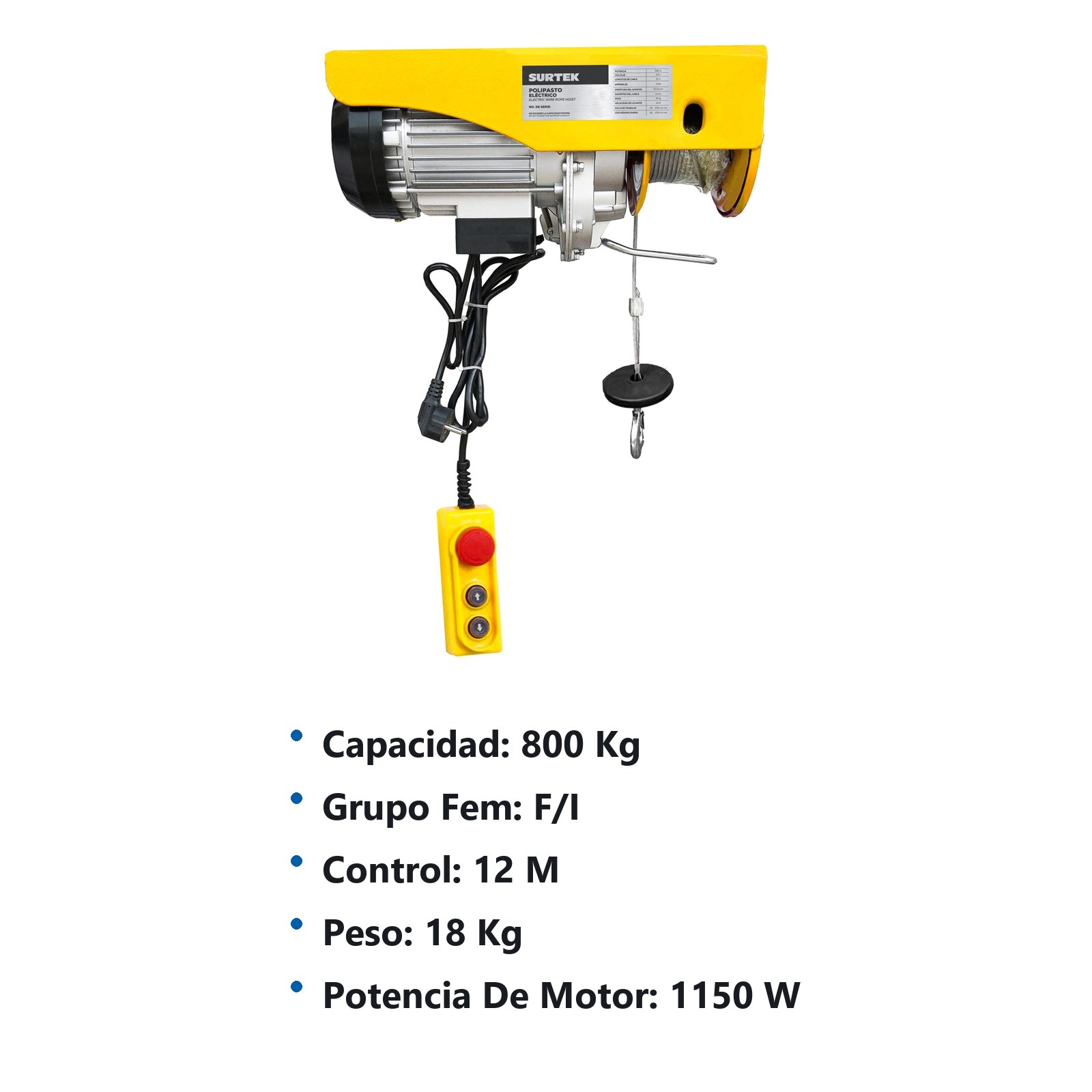Polipasto eléctrico 1 ramal,  0.8 ton, cable 12 m Surtek - Imagen 2