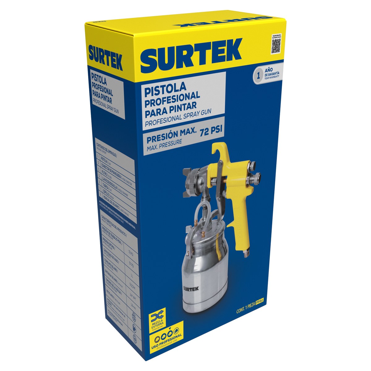 Pistola para pintar con vaso reforzado de alta presión, capacidad 1000 ml, 72 PSI Surtek - Imagen 3