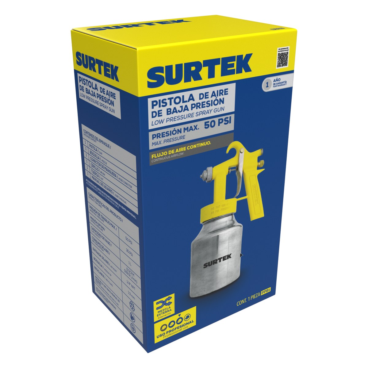 Pistola para pintar con vaso reforzado de baja presión, capacidad 1000 ml, 45 PSI Surtek - Imagen 3