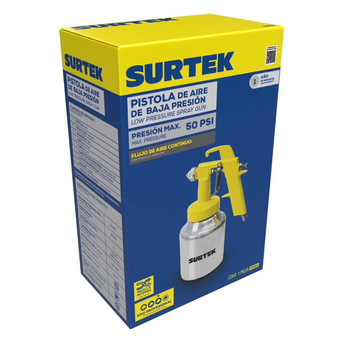 Pistola para pintar con vaso reforzado de baja presión, capacidad 1000 ml, 50 PSI Surtek - Imagen 4