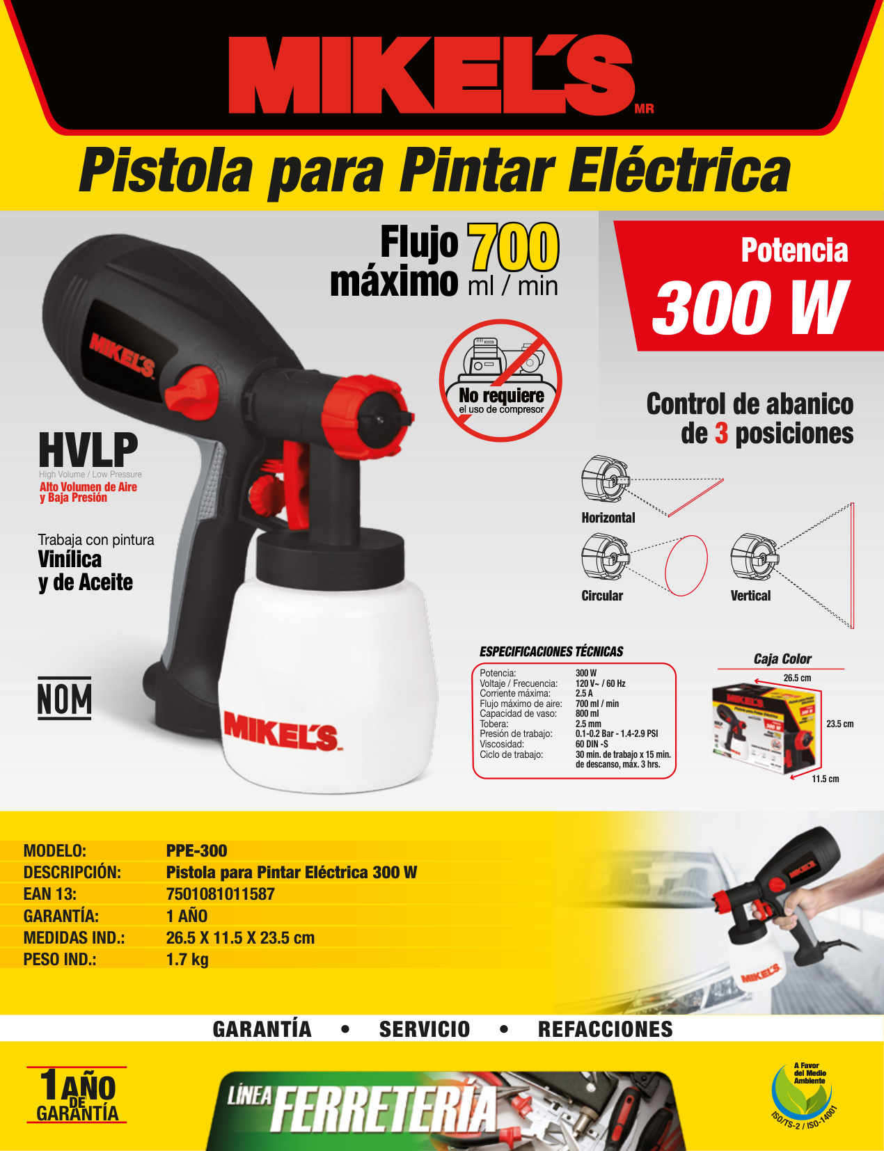 MIKELS PPE-300 Pistola de aire para pintar eléctrica HVLP (700 ml / 300W) - Imagen 4