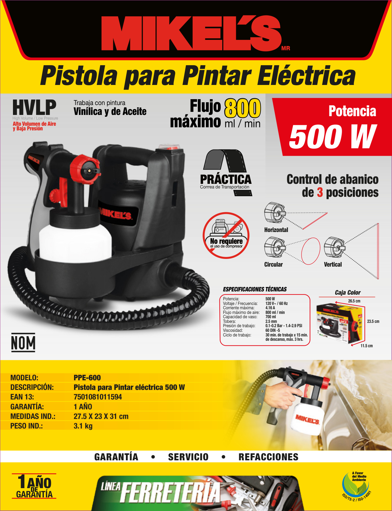 MIKELS PPE-600 Pistola de aire para pintar eléctrica (700 ml / 500 W) - Imagen 4