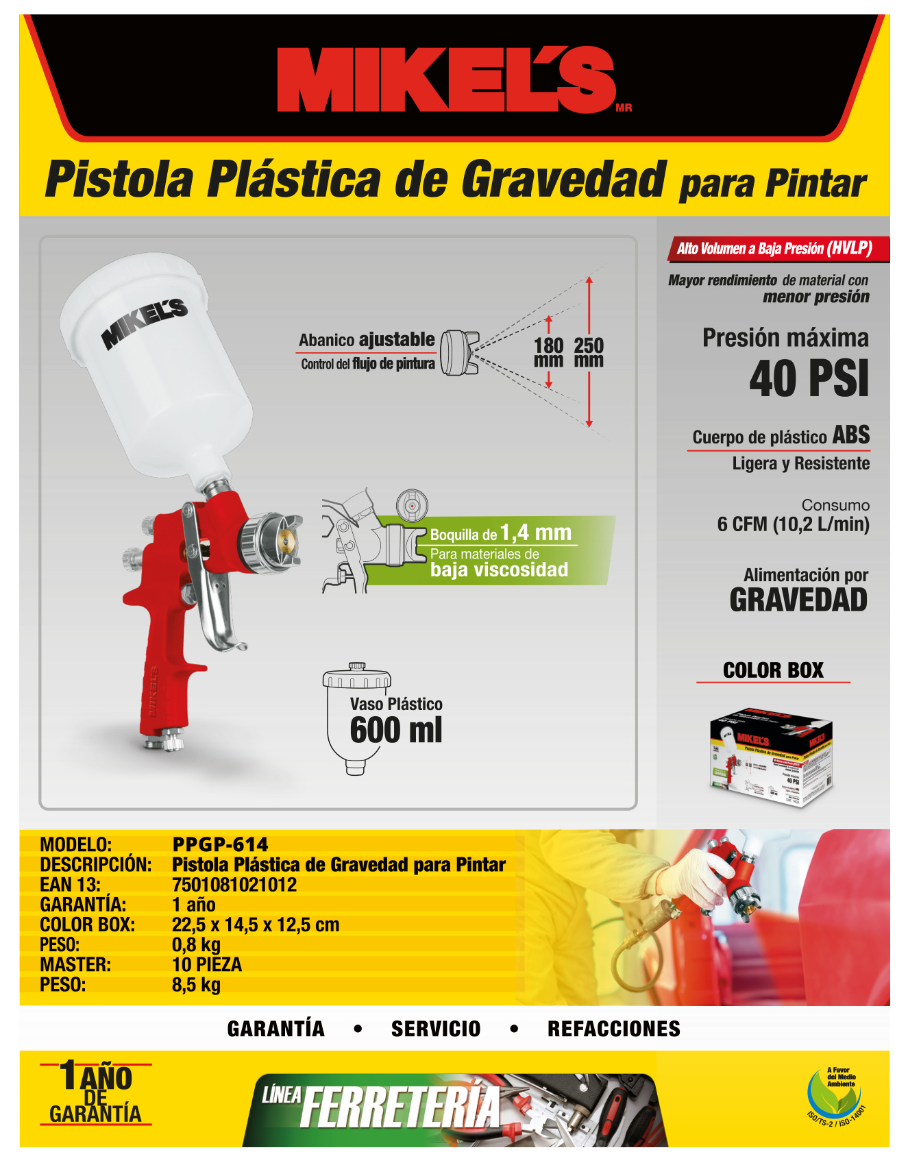 MIKELS PPGP-614 Pistola de aire para pintar boquilla 1.4 mm (600 ml) - Imagen 4