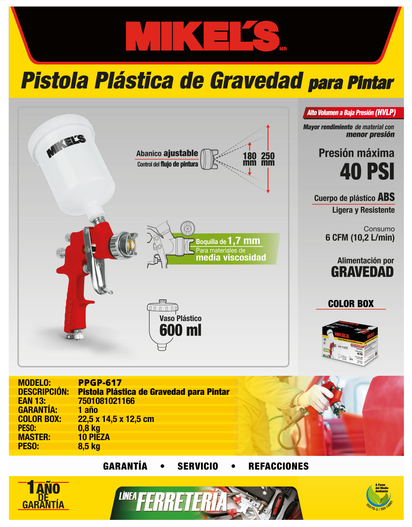MIKELS PPGP-617 Pistola de aire para pintar boquilla 1.7 mm (600 ml) - Imagen 4