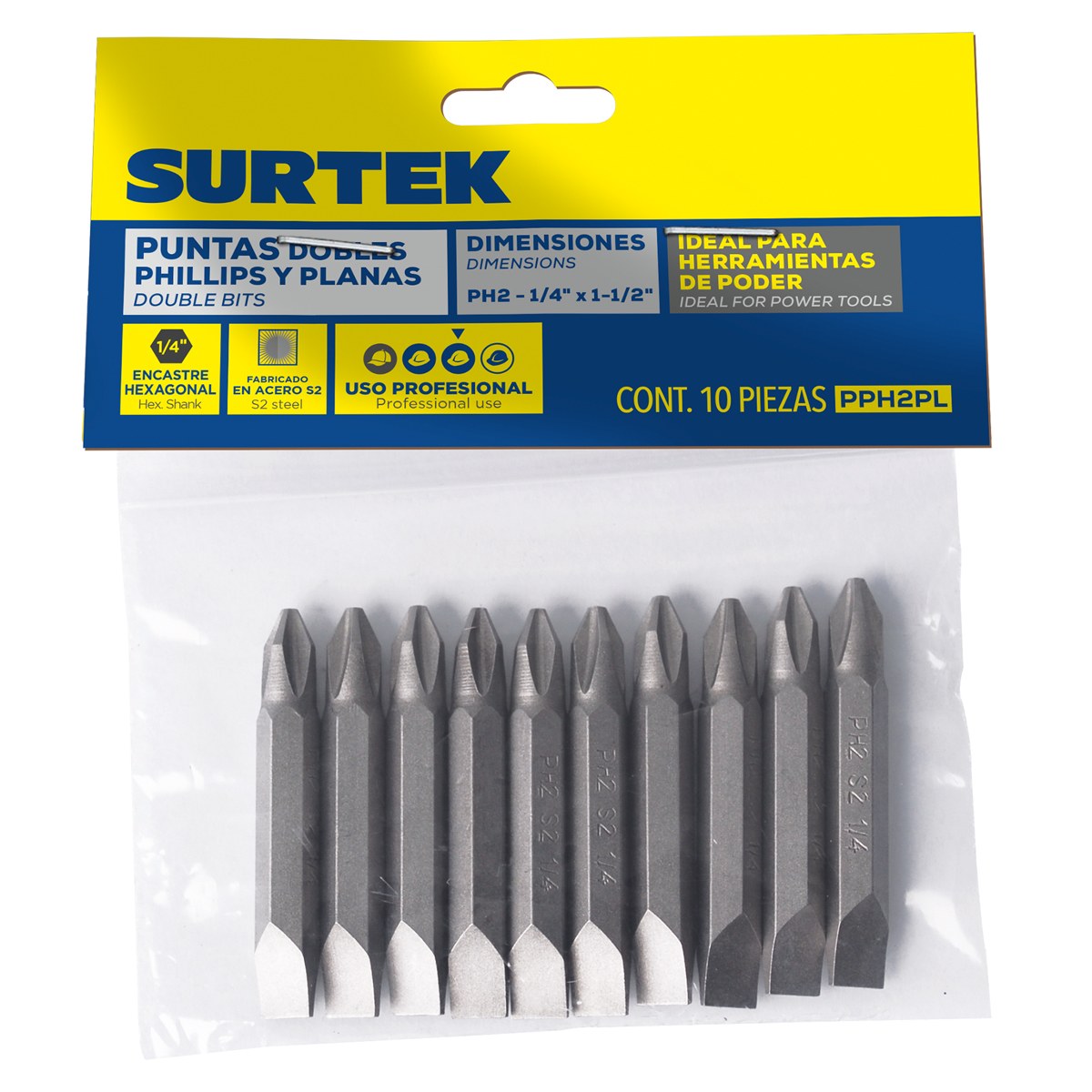 Punta doble Phillips #2 y plana 1/4" para destornillador hexágono de 1/4", 1-1/2" 10 pieza Surtek - Imagen 2