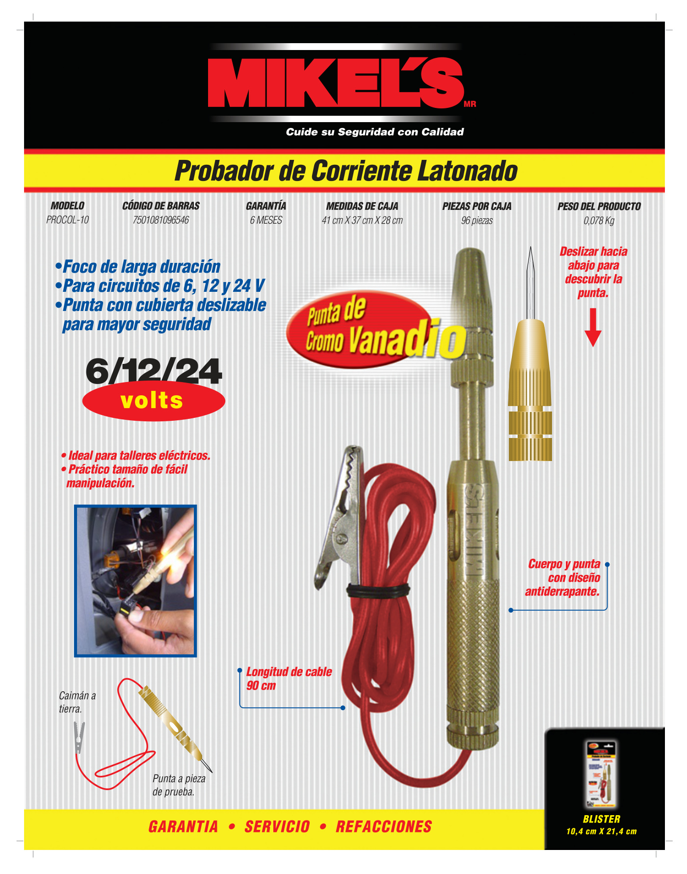 MIKELS PROCOL-10 Probador de corriente latonado (6-12-24 V/CD) - Imagen 4