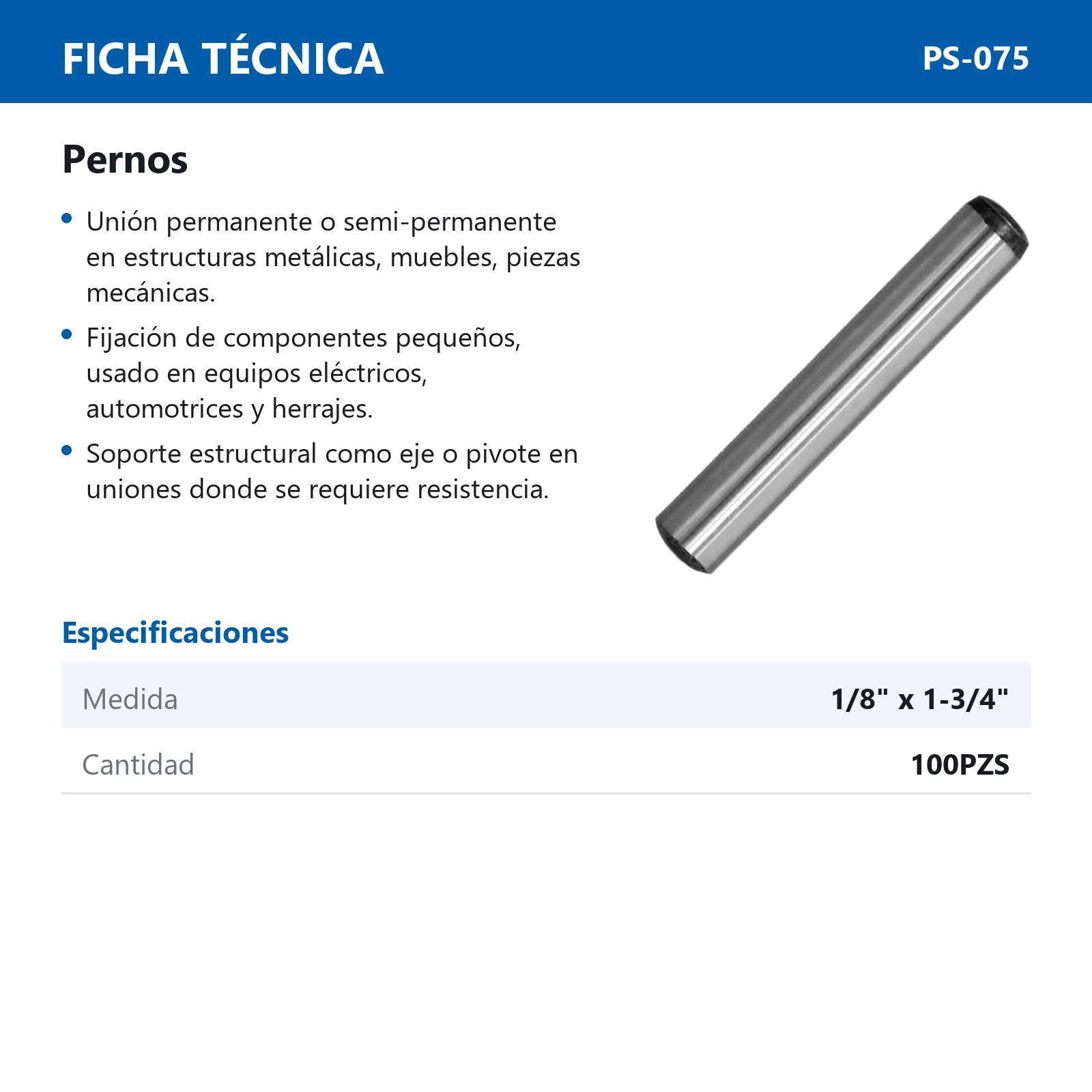 PERNO SOLIDO 1/8 x 1 3/4 (BOLSA C/100 PZS) - Imagen 3
