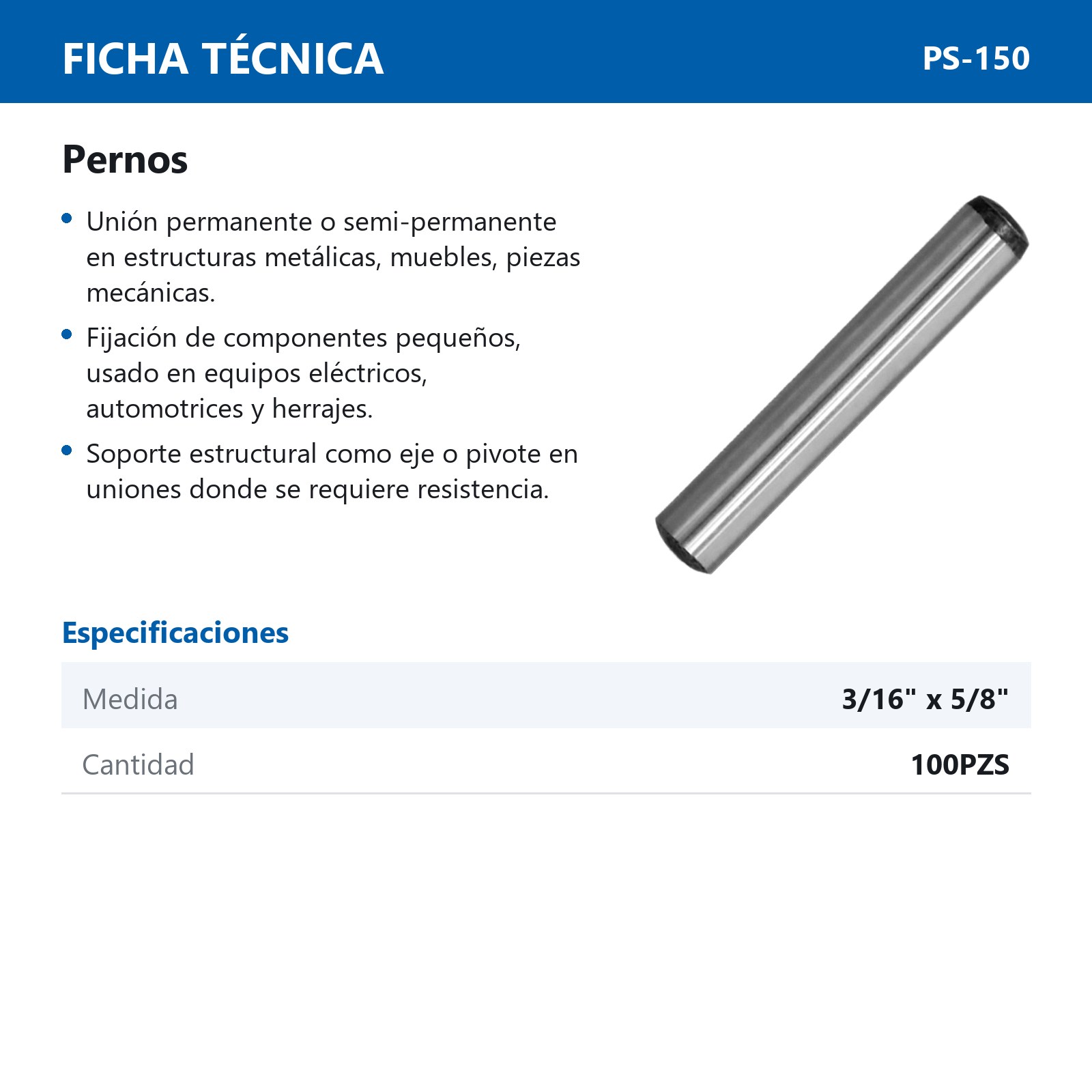 PERNO SOLIDO 3/16 x 5/8 (BOLSA C/100 PZS) - Imagen 3