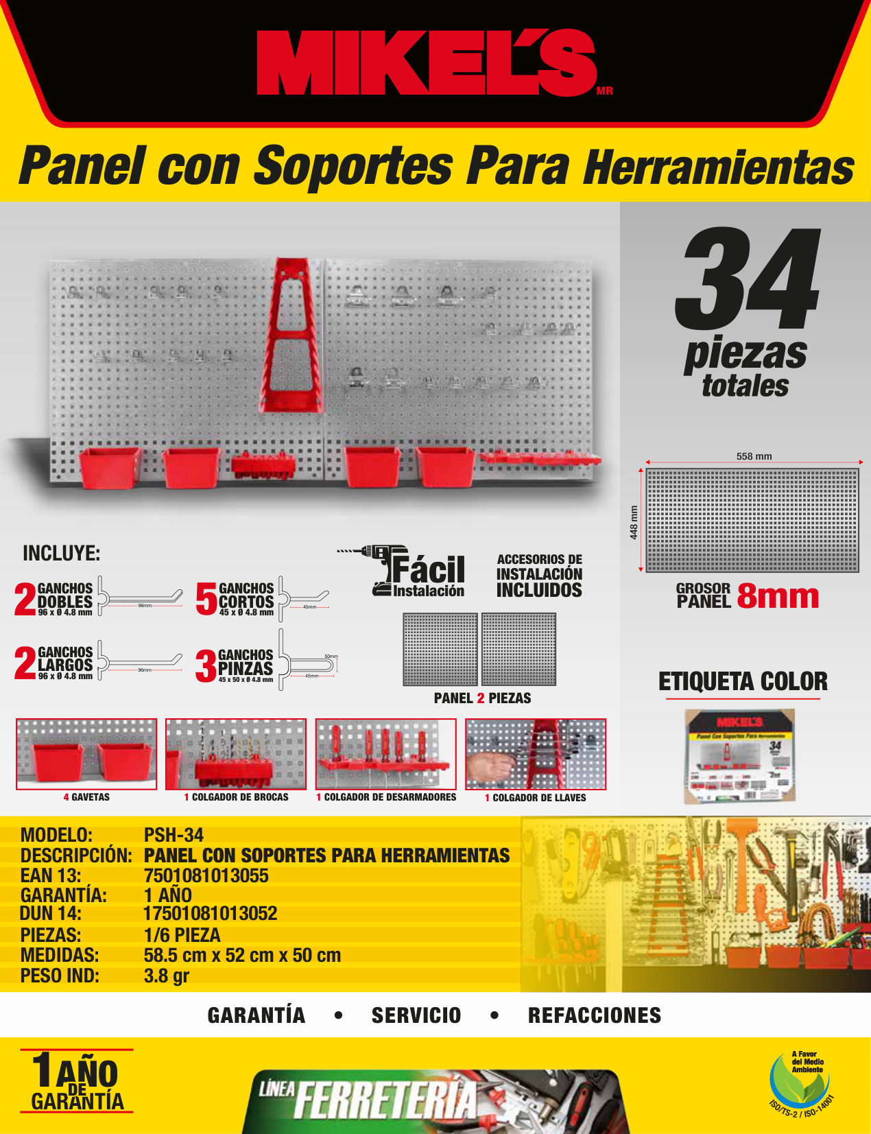 MIKELS PSH-34 Panel con soporte para herramientas (34 pzas) - Imagen 4