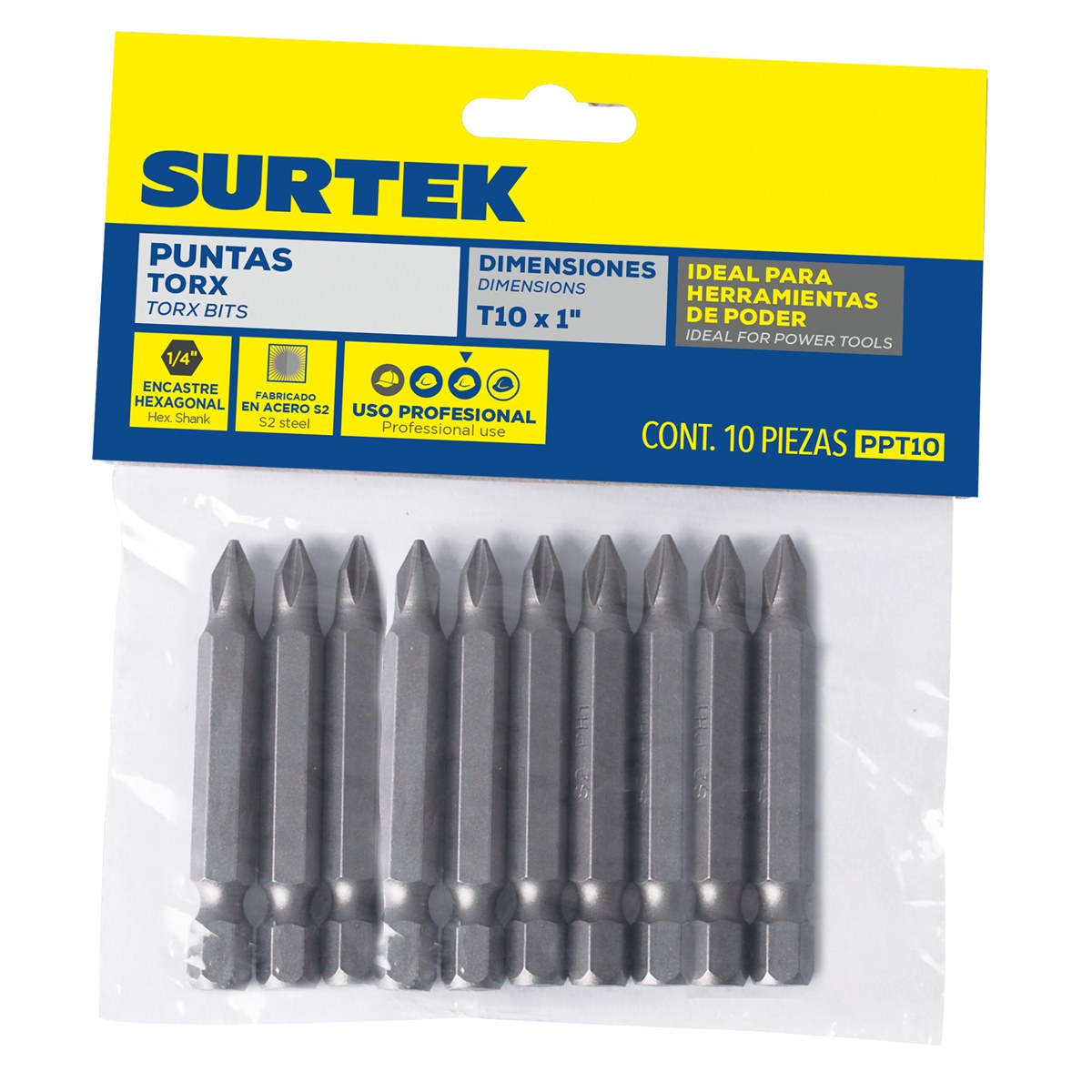 Punta Torx de poder hexágono de 1/4", T10 x 1" 10 piezas Surtek - Imagen 2