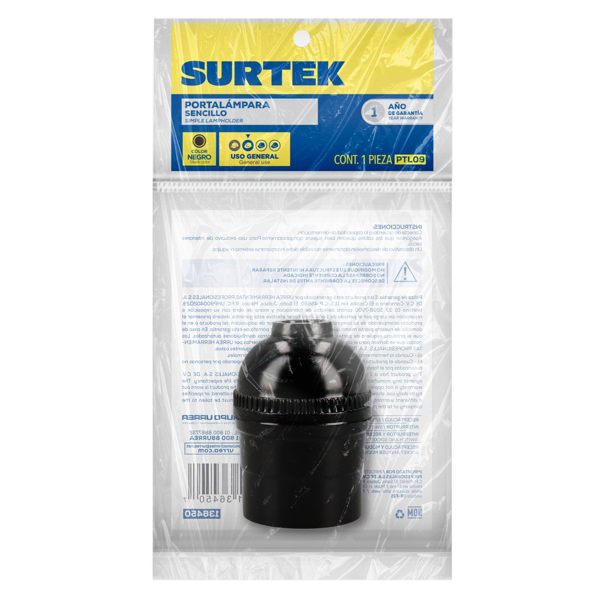 Portalámpara sencilla, color negro Surtek
