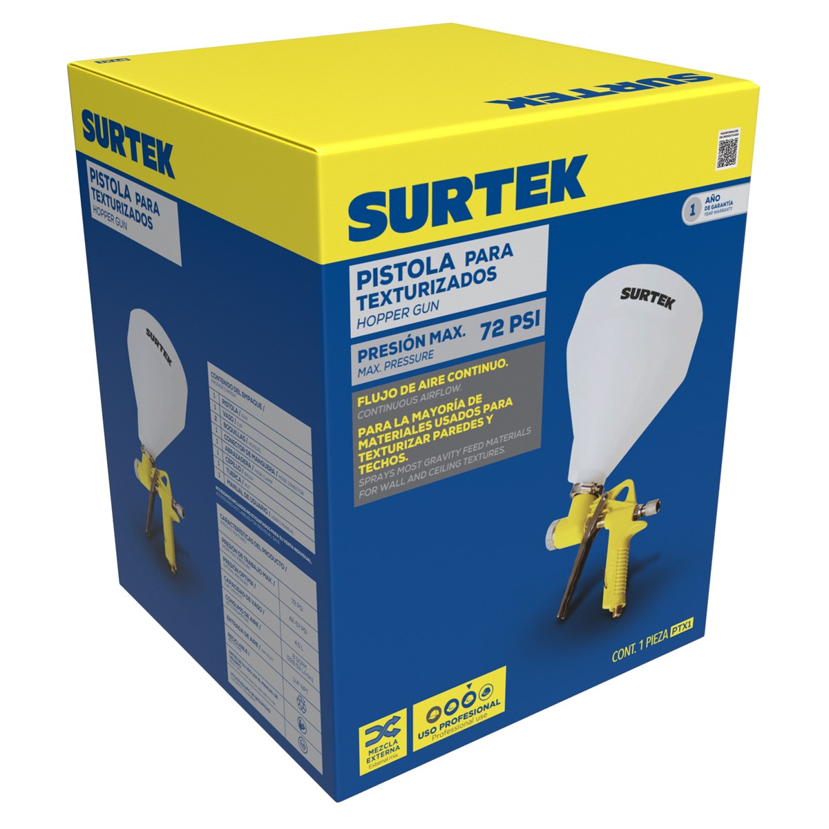 Pistola para pintar texturizados con alimentacion de gravedad, capacidad 5000 ml, 72 PSI Surtek - Imagen 2