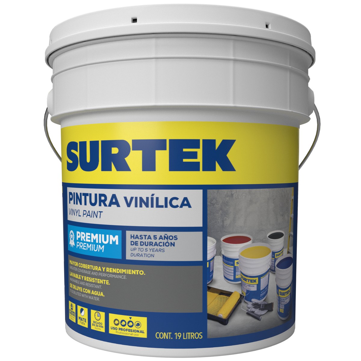 Cubeta de pintura vinílica premium 19 Lt color amarillo intenso Surtek - Imagen 2