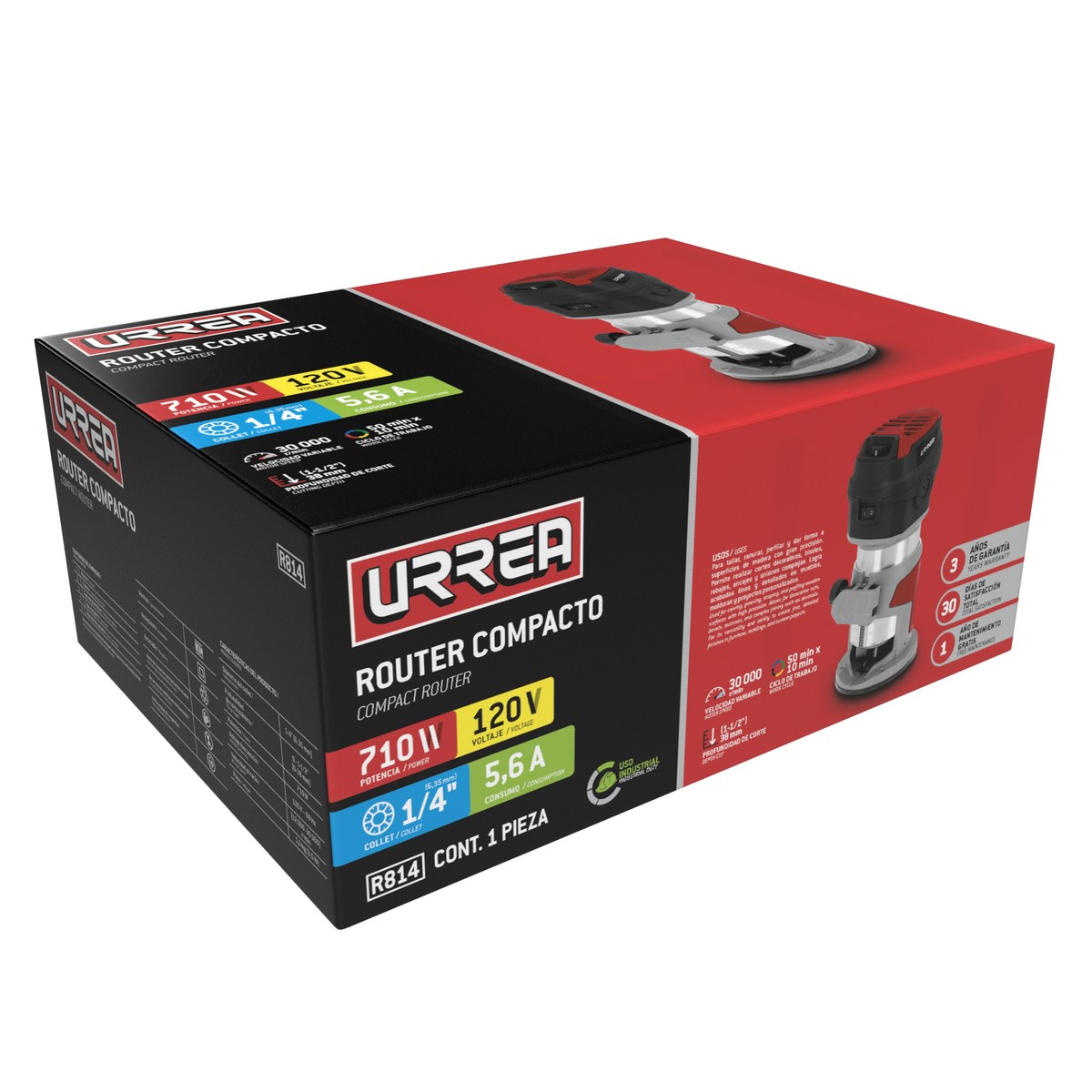 Router 1/4" 710 W 120 V, 12000-30000 RPM, compacto Urrea - Imagen 2