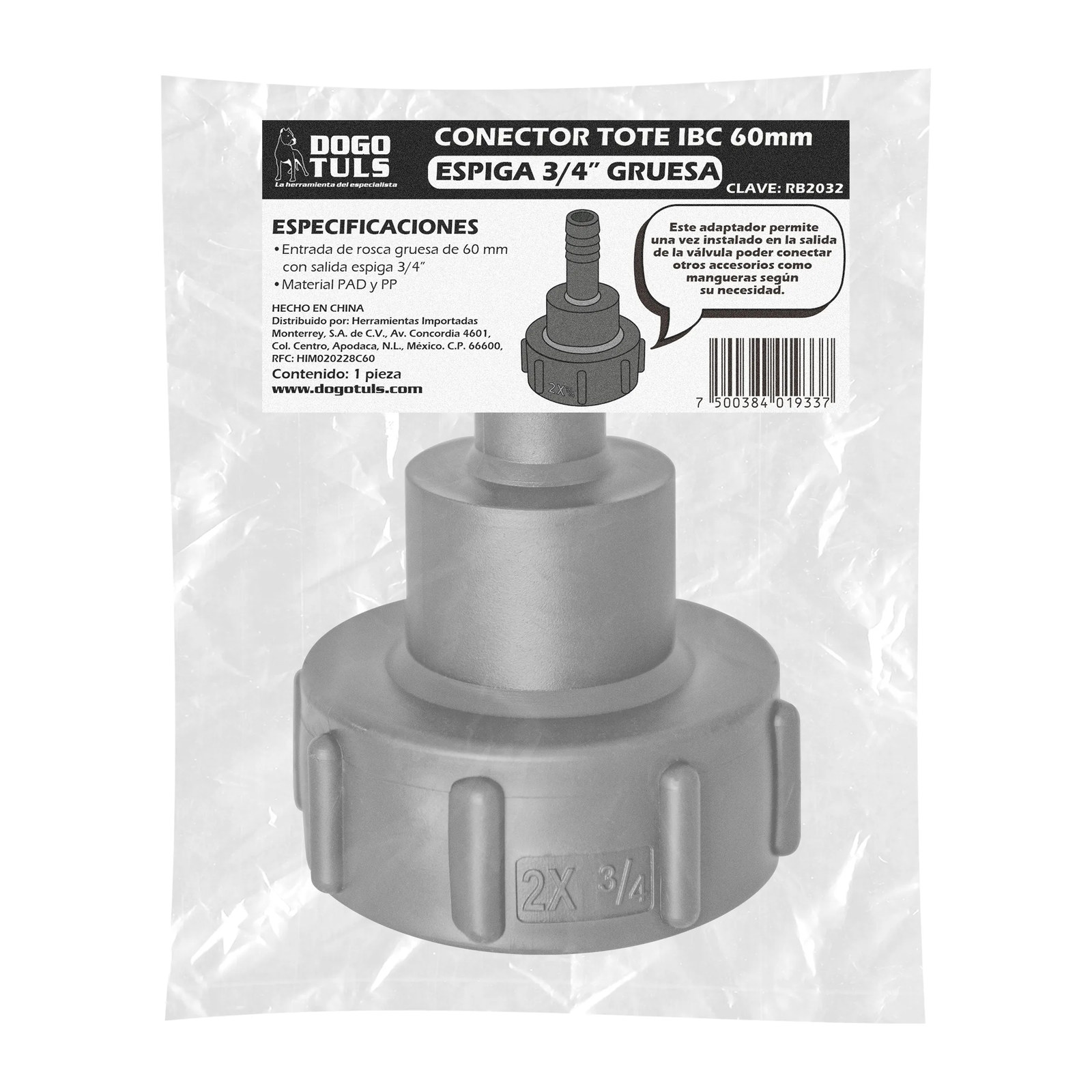 Conector Tote IBC 60 mm Espiga 3/4" Gruesa - Imagen 4