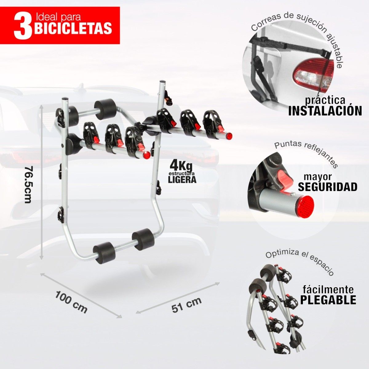 MIKELS RBMC-03 Rack para 3 bicicletas, montaje en cajuela - Imagen 2