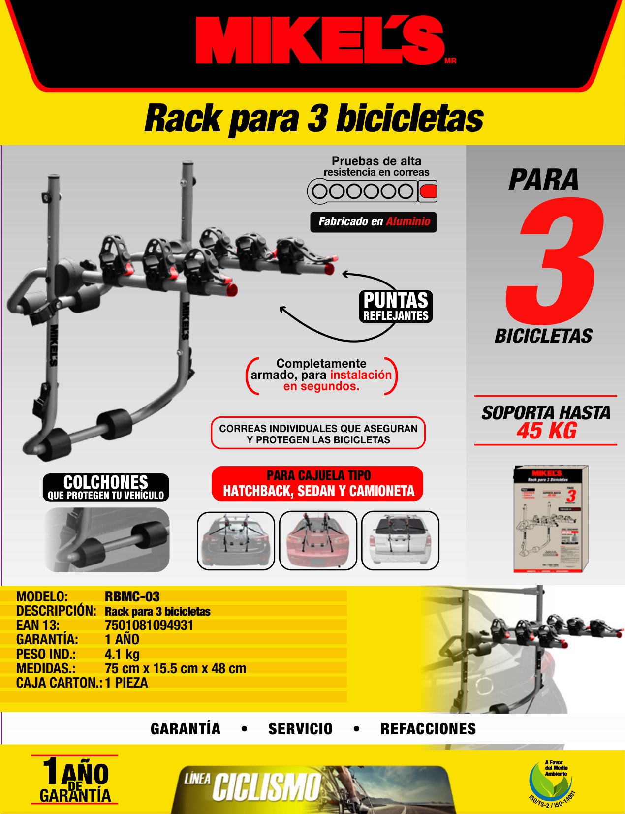 MIKELS RBMC-03 Rack para 3 bicicletas, montaje en cajuela - Imagen 4
