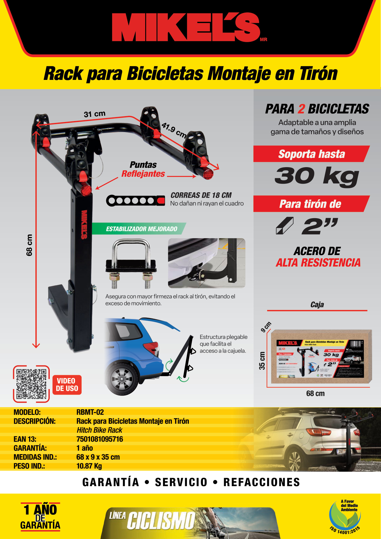 MIKELS RBMT-02 Rack para 2 bicicletas, montaje en tirón (2") - Imagen 4