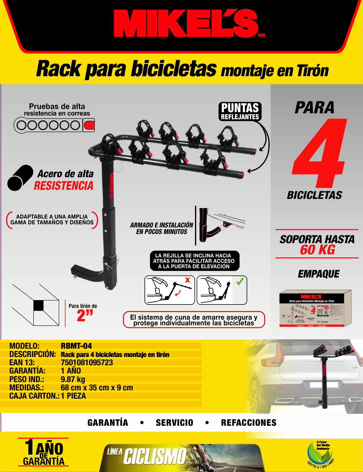 MIKELS RBMT-04 Rack para 4 bicicletas, montaje en tirón (2") - Imagen 4