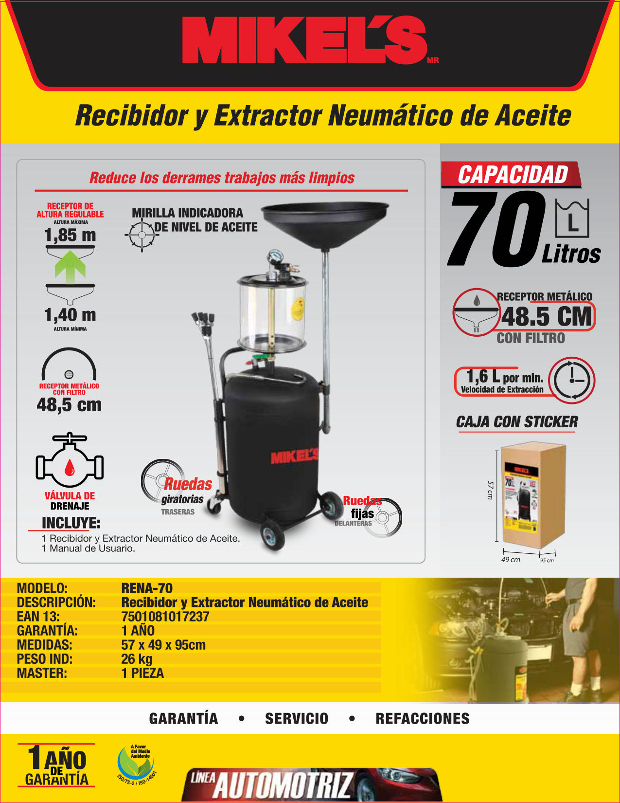 MIKELS RENA-70 Recibidor Extractor de aceite neumático (70 lts) - Imagen 4